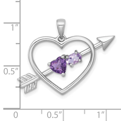 Sterling Silver Rhodium-plated Polished Amethyst and Rose de France Quartz Arrow Heart Pendant