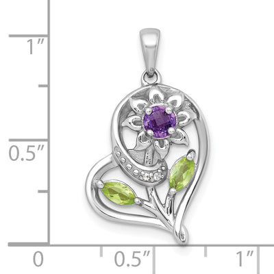 Sterling Silver Rhodium-plated Polished Amethyst, Peridot and White Topaz Flower in Heart Pendant