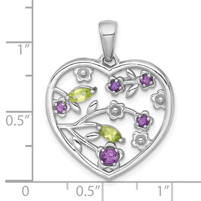 Sterling Silver Rhodium-plated Polished Amethyst and Peridot Flowers in Heart Pendant