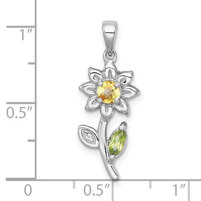 Sterling Silver Rhodium-plated Polished Citrine, Peridot and White Topaz Flower Pendant