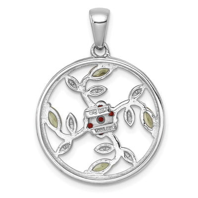 Sterling Silver Rhodium-plated Polished Garnet, Peridot and White Topaz Floral Twisted Circle Pendant
