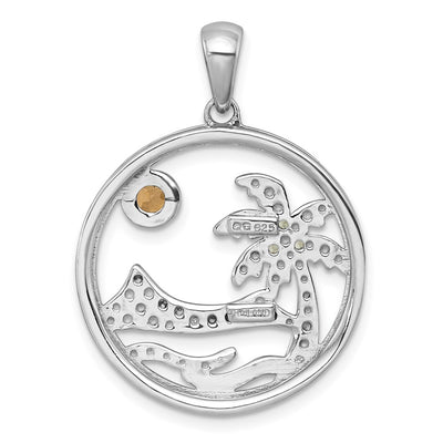 Sterling Silver Rhodium-plated Polished and Grooved Citrine and Peridot Beach Scene Circle Pendant
