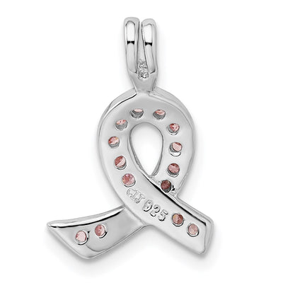 Sterling Silver Rhodium-plated Pink CZ Awareness Ribbon Pendant, 17 x 14.5mm