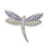 Sterling Silver Rhodium-plated Purple, Yellow & Clear CZ Dragonfly Pin