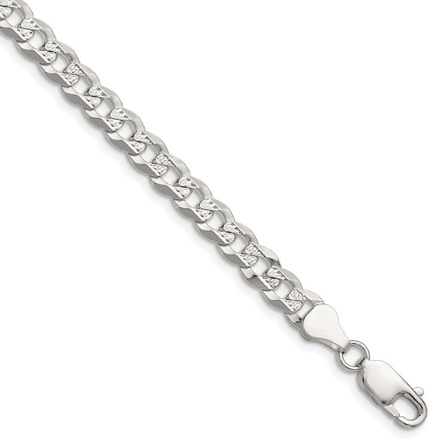 Sterling Silver Flat D/C Pave Curb Bracelet, 7 x 5.9mm