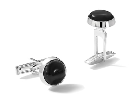 Sterling Silver Polished Round Onyx Cuff Links