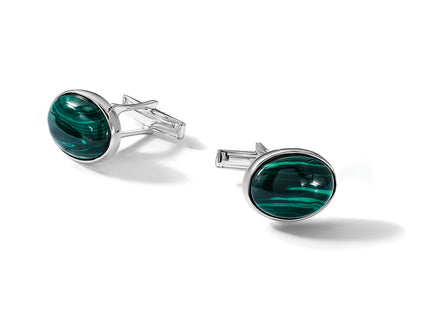 Sterling Silver Polished Malachite Oval Cuff Links