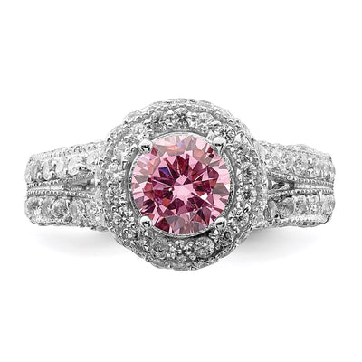 Sterling Silver Rhodium plated Clear CZ and Pink Heart CZ Ring