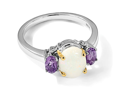 Brilliant Gemstones Sterling Silver with 14K Accent Rhodium-plated Opal and Amethyst Ring