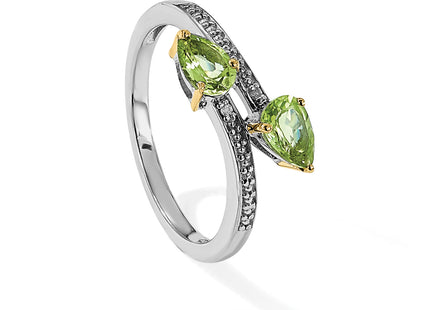 Brilliant Gemstones Sterling Silver with 14K Accent Rhodium-plated Peridot and Diamond Ring