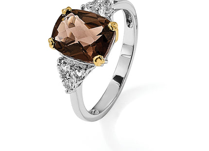 Brilliant Gemstones Sterling Silver with 14K Accent Rhodium-plated Smoky Quartz and White Topaz Ring
