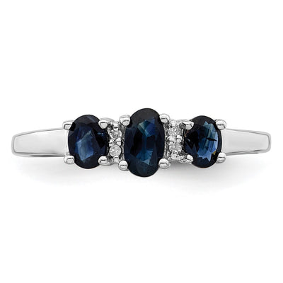 Sterling Silver Rhodium 3 Oval Sapphire & Diamond Ring