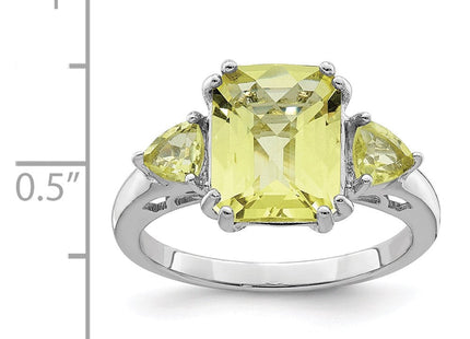 Sterling Silver Rhodium Checker-Cut Lemon Quartz Ring
