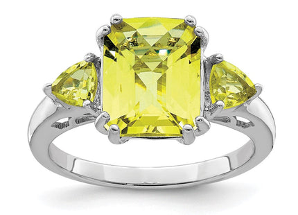 Sterling Silver Rhodium Checker-Cut Lemon Quartz Ring