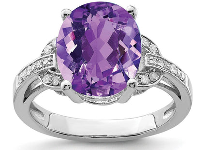 Sterling Silver Rhodium-plated Amethyst Diamond Ring