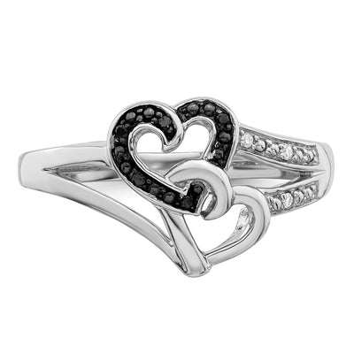 White Night Sterling Silver Rhodium-plated Black and White Diamond Heart Ring