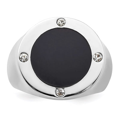 Sterling Silver Rhodium Plated Black Simulated Onyx & CZ Ring
