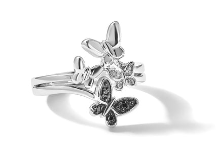 White Night Sterling Silver Rhodium-plated White and Black Diamond Butterfly Ring