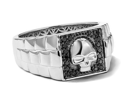 White Night Sterling Silver Rhodium-plated Black Diamond Square Skull Men's Ring