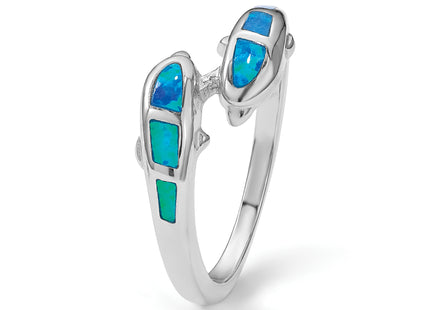 Sterling Silver Rhodium-plated Created Blue Opal Dolphins Ring