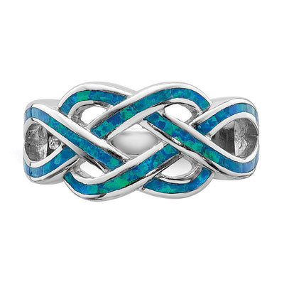 Sterling Silver Rhodium-plated Lab Created Blue Opal Inlay Celtic Knot Ring