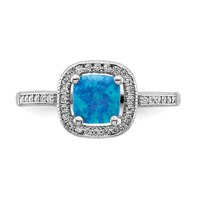 Sterling Silver Rhodium-plated Square Blue Created Opal CZ Ring