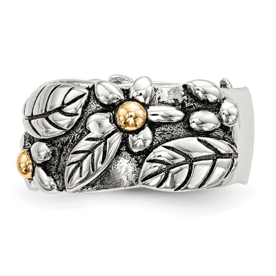 Sterling Silver w/14K Antiqued Leaves & Flowers Band