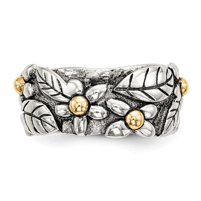 Sterling Silver w/14K Antiqued Leaves & Flowers Band