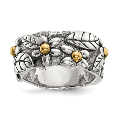 Sterling Silver w/14K Antiqued Leaves & Flowers Band