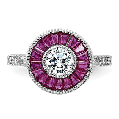 Sterling Silver Rhodium-plated Polished Created Ruby and CZ Ring
