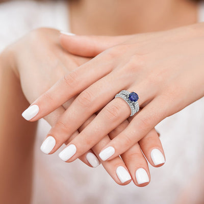Sterling Silver Rhodium-plated Blue CZ Engagement Ring and White CZ Wedding Band Set