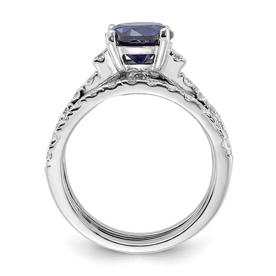 Sterling Silver Rhodium-plated Blue CZ Engagement Ring and White CZ Wedding Band Set
