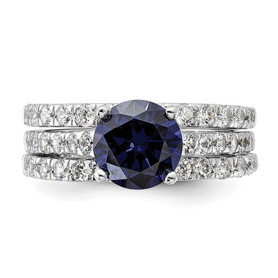 Sterling Silver Rhodium-plated Blue CZ Engagement Ring and White CZ Wedding Band Set