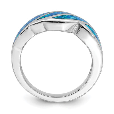Sterling Silver Rhodium-plated Lab Created Blue Opal Inlay Ring