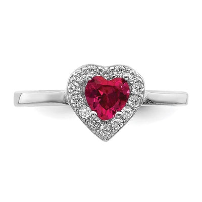 Sterling Silver Rhodium-plated Created Corundum & CZ Heart Ring