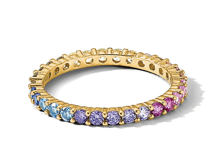 Prizma Sterling Silver Gold-tone 14K Flash Gold-plated Colorful CZ Eternity Band Ring