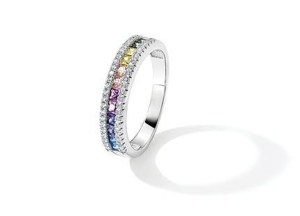 Prizma Sterling Silver Rhodium-plated Princess White and Colorful Channel-Set CZ Ring