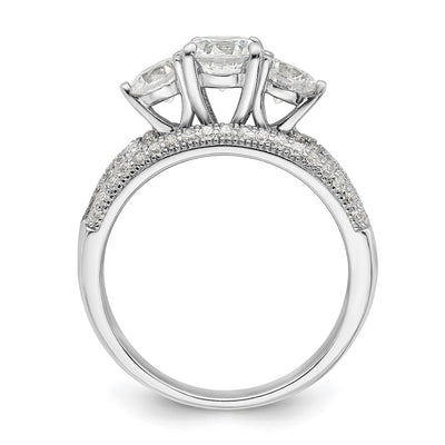 Sterling Silver Rhodium-plated CZ 3 Stone Pavé Band Engagement Ring Set