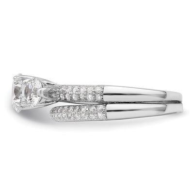 Sterling Silver Rhodium-plated CZ 3 Stone Pavé Band Engagement Ring Set