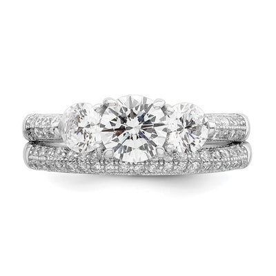 Sterling Silver Rhodium-plated CZ 3 Stone Pavé Band Engagement Ring Set