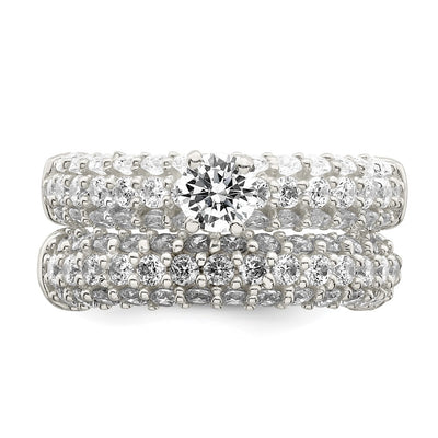 Sterling Silver Polished Pavé CZ Wedding Ring Set