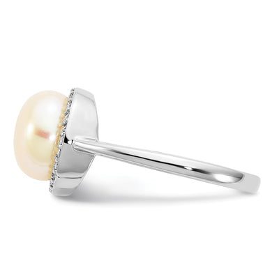 Sterling Silver Rhodium-plated Button White Freshwater Cultured Pearl and CZ Ring