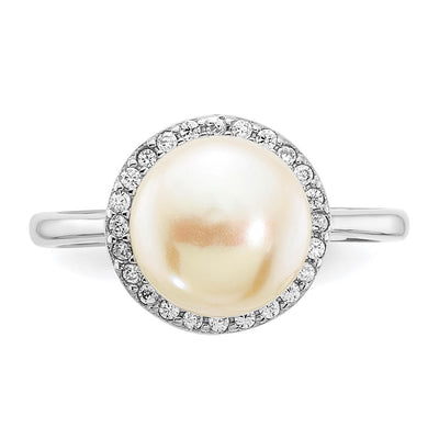 Sterling Silver Rhodium-plated Button White Freshwater Cultured Pearl and CZ Ring