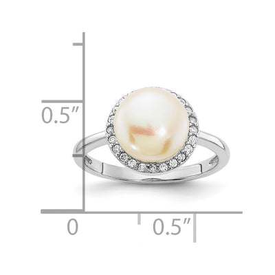 Sterling Silver Rhodium-plated Button White Freshwater Cultured Pearl and CZ Ring