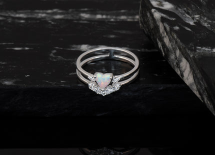 Sterling Silver CZ & Heart Created White Opal Double Band Ring