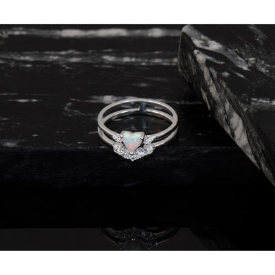 Sterling Silver CZ & Heart Created White Opal Double Band Ring