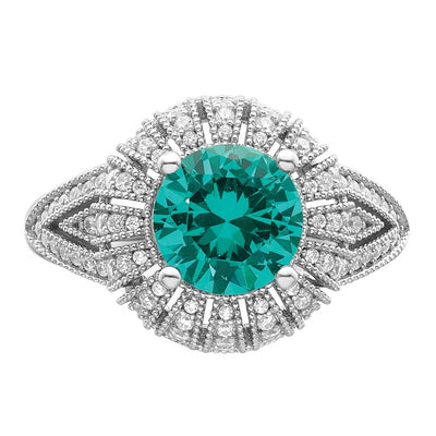 Sterling Silver Rhodium-plated Clear and Teal CZ Vintage Style Ring