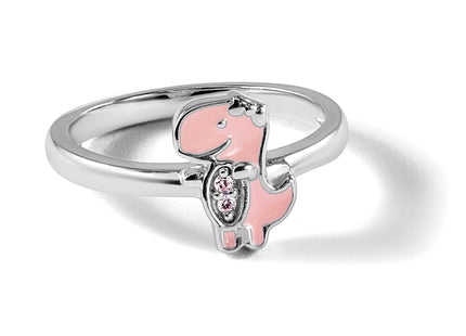 Sterling Silver Rhodium-plated Pink Enamel & CZ Dinosaur Children's Ring
