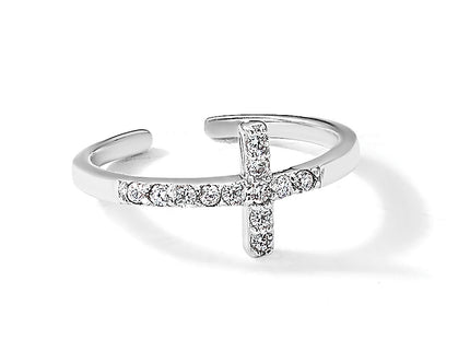 Sterling Silver Rhodium-plated CZ Sideways Cross Toe Ring
