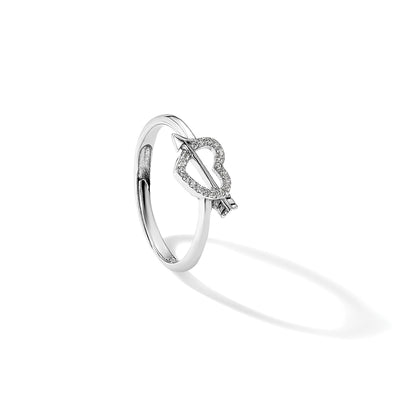 Sterling Silver Rhodium-plated CZ Heart with Arrow Adjustable Ring